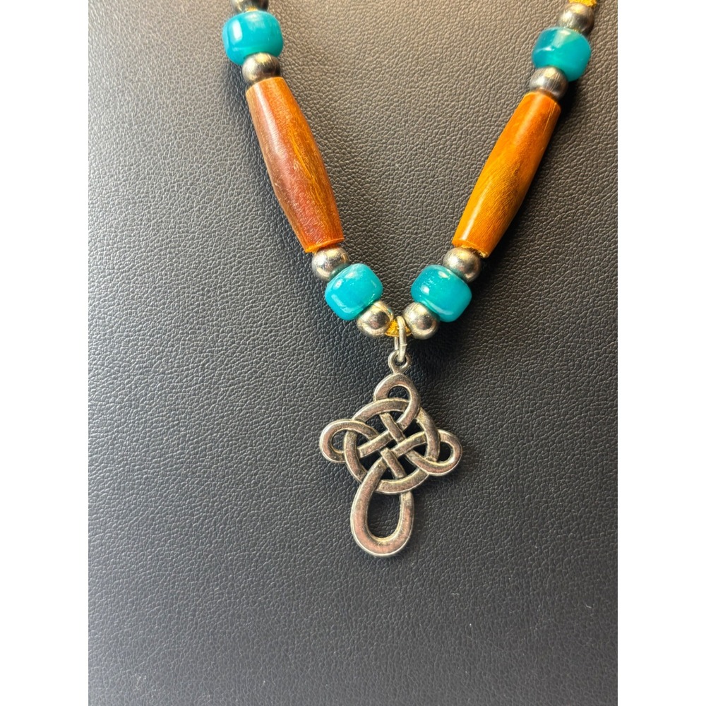 Vintage Celtic Knot Necklace Brown Leather Suede Cord Turquoise Wood Beads Goth